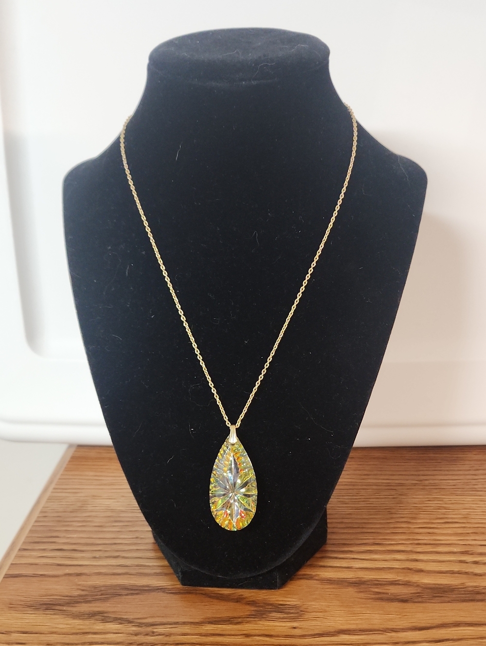 Gold Necklace with Multicolour Iridescent Teardrop Pendant